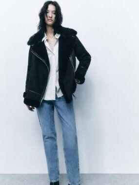 Zara-FAUX SUEDE DOUBLE FACED LONG JACKET Black MEDIUM MINT CONDITION NEVER WORN